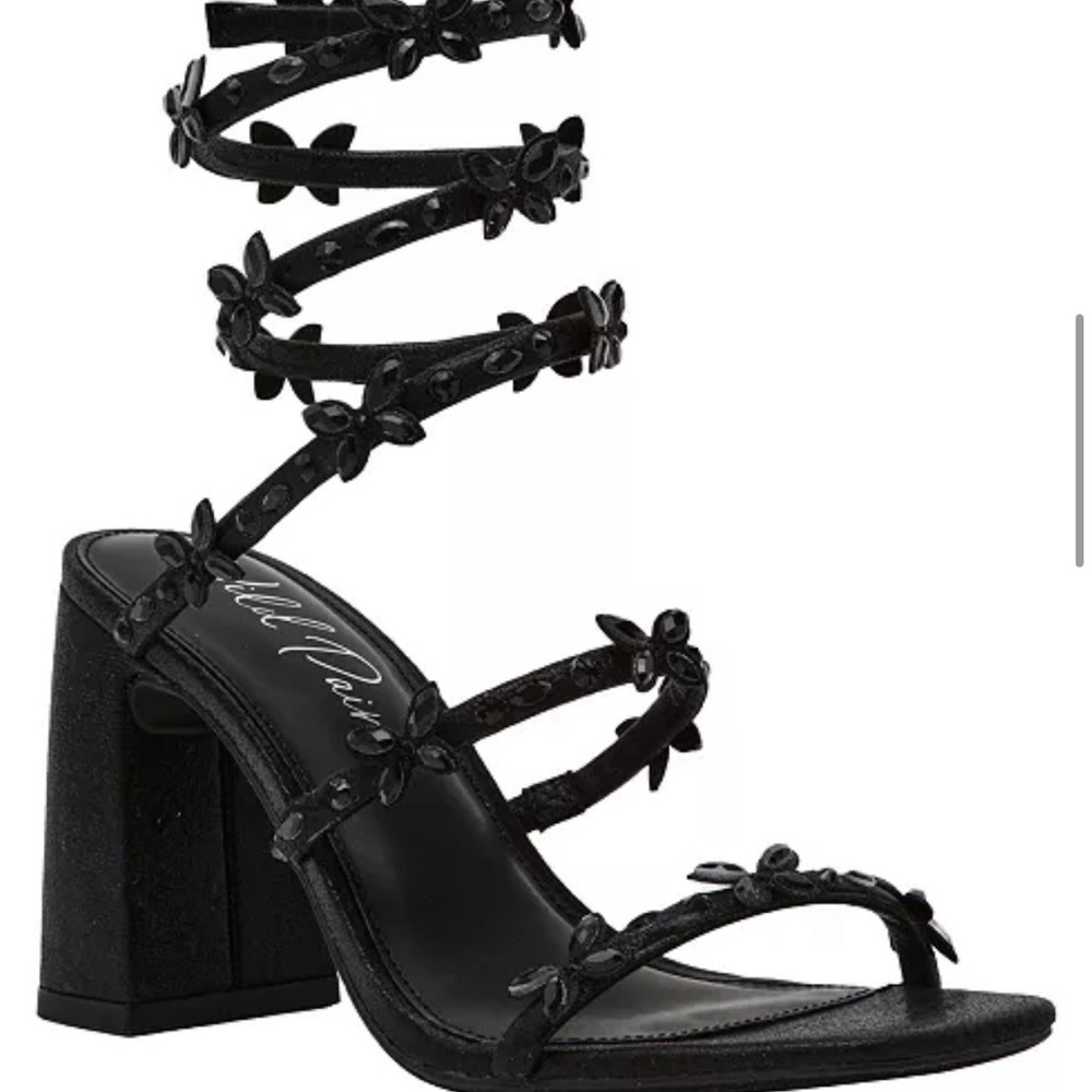 Wild Pair Black Floral Wrap-Around Block Heel Sandal with Ankle Ties